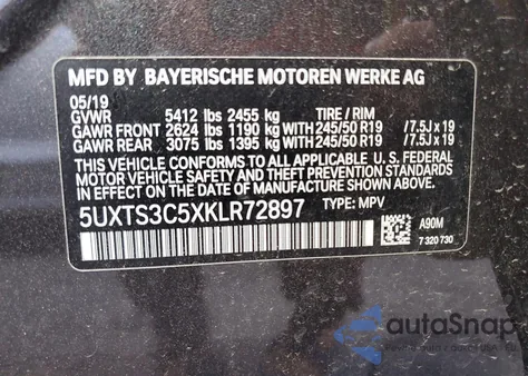 2019 BMW X3 xDrivem40I из США, поврежденный, VIN 5UXTS3C5XKLR72897